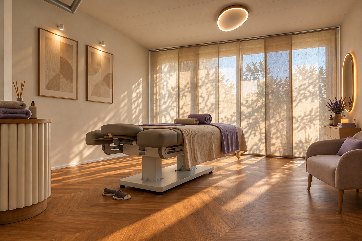 Behandlungsraum mit Massageliege im Studio SADEA in Zürich-Oerlikon (Visualisierung)